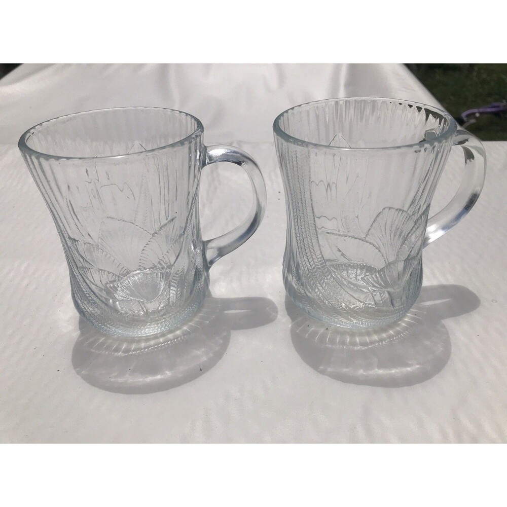 Vintage Arcoroc France Canterbury Clear Glass Mugs, Set Of 2, Embossed Crocus